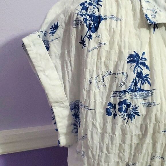 a.n.a. White & Blue Hawaiian Tropical Rolled Sleeves Button Down Shirt - Picture 5 of 10